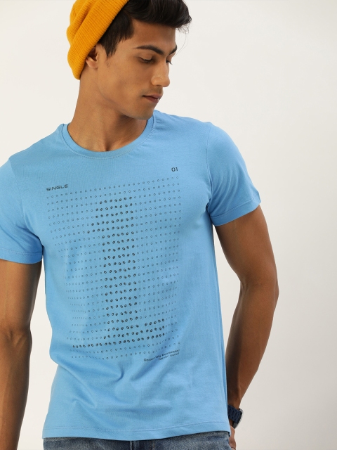 SINGLE Men Blue Printed Slim Fit Pure Cotton T-shirt