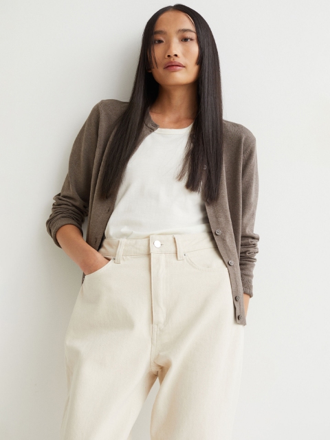 H&M Women Grey & Beige Fine-Knit Cardigan