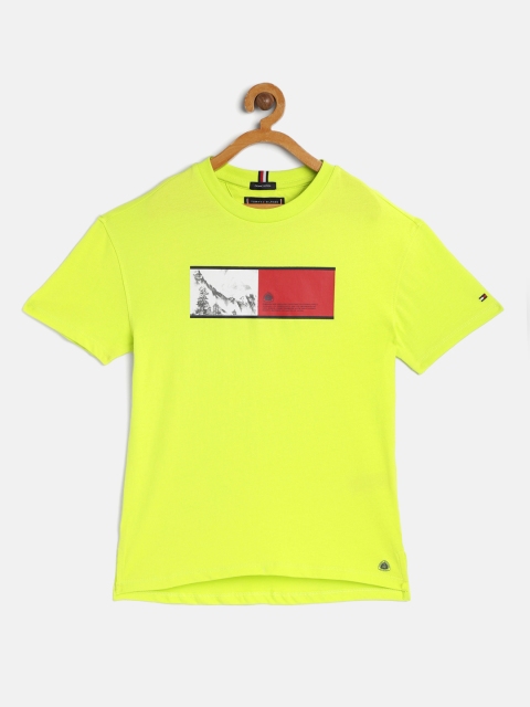 Tommy Hilfiger Boys Lime Green Printed Organic Cotton Mountain Flag T-shirt