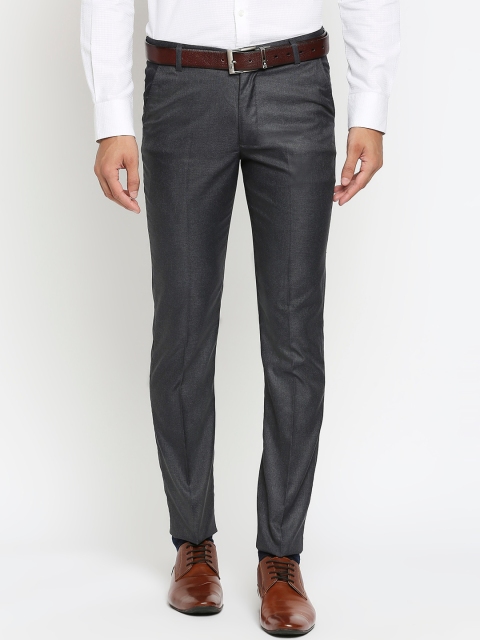 Solemio Men Charcoal Textured Slim Fit Formal Trousers