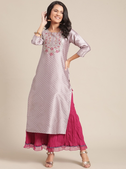 Varanga Women Purple Ethnic Motifs Panelled Kurta with Skirt