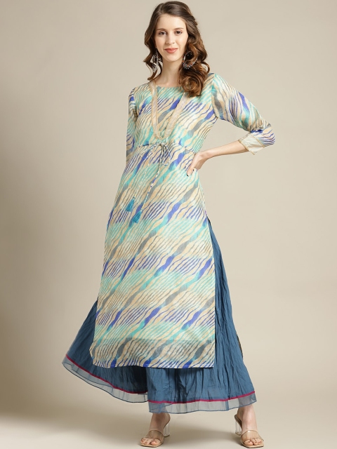 Varanga Women Teal Blue Leheriya Printed Gotta Patti Pure Cotton Kurta with Palazzos
Varanga Women Teal Blue Leheriya Printed Gotta Patti Pure Cotton Kurta with Palazzos