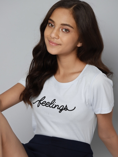 M&H Juniors Girls Blue Cotton Typography Printed T-shirt