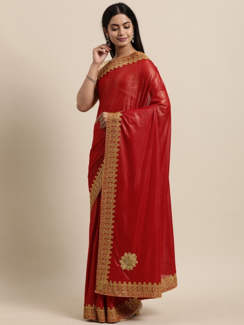 LADUSAA Maroon Embroidered Detail Silk Blend Saree