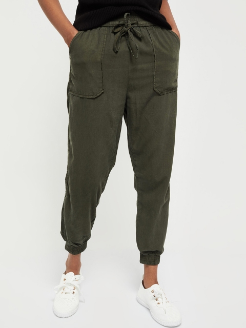 max Women Olive Green Denim Joggers Trousers