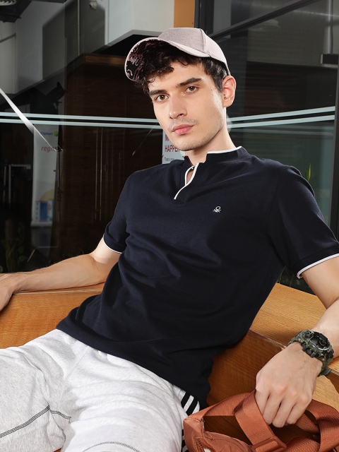 United Colors of Benetton Men Navy Blue Solid Pure Cotton T-shirt