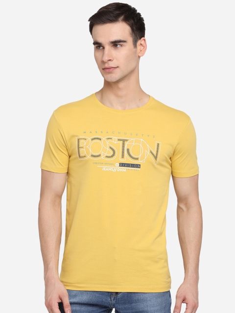 JADE BLUE Men Yellow Typography Printed Pure Cotton Slim Fit Pure Cotton T-shirt