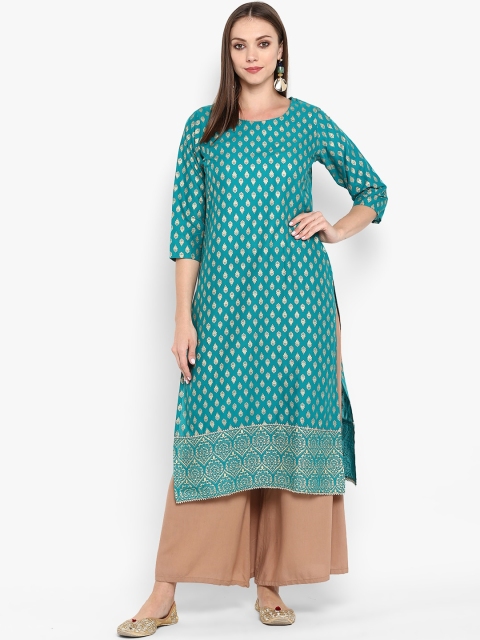 ZOEYAMS Women Sea Green & Gold-Coloured Ethnic Motifs Block Printed Cotton Straight Kurta
ZOEYAMS Women Sea Green & Gold-Coloured Ethnic Motifs Block Printed Cotton Straight Kurta
