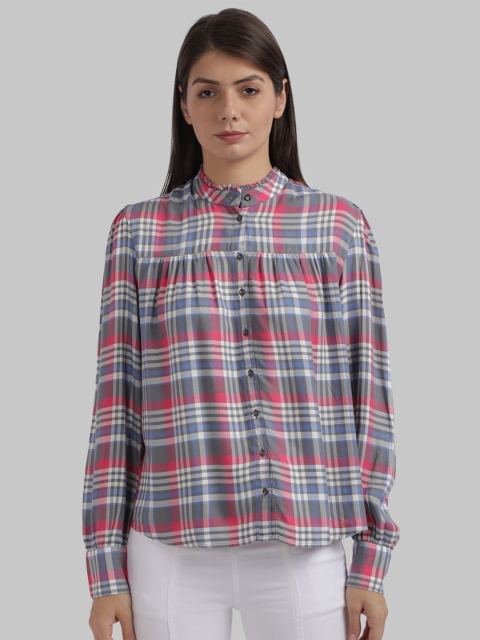 Parx Red & Grey Checked Mandarin Collar Shirt Style Top