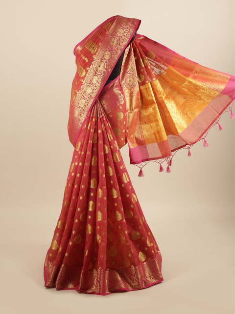 Pothys Rust Red & Gold Ethnic Motifs Mirror Work Cotton Blend Saree With Tasseled Pallu 
Pothys Rust Red & Gold Ethnic Motifs Mirror Work Cotton Blend Saree With Tasseled Pallu