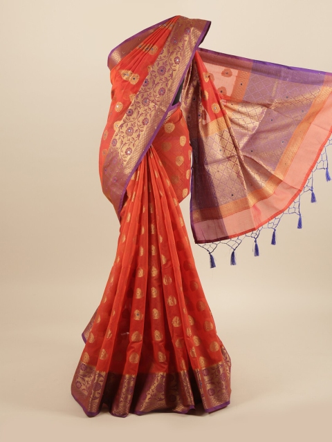 Pothys Red & Purple Ethnic Motifs Beads and Stones Saree