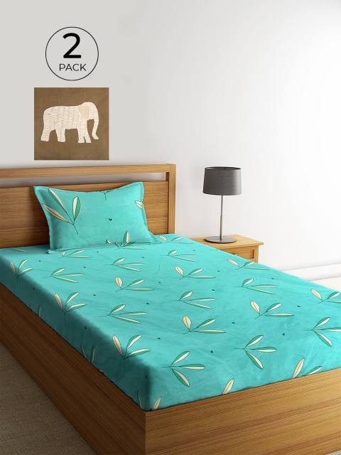 KLOTTHE Green & Khaki Floral 210 TC 2 Single Bedsheet with 2 Pillow Covers