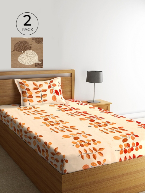KLOTTHE Set of 2 Beige & Brown Floral 210 TC Single Bedsheets with 2 Pillow Covers