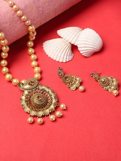 ANIKAS CREATION Gold-Plated Brown Stone-Studded & White Beaded Handcrafted Jewellery Set
ANIKAS CREATION Gold-Plated Brown Stone-Studded & White Beaded Handcrafted Jewellery Set