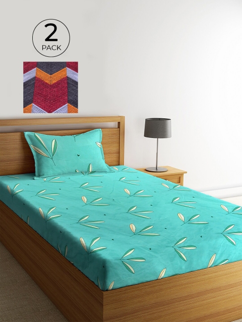 KLOTTHE Pack of 2 Printed 210 TC 2 Single Bedsheet with 2 Pillow Covers, Sea green
