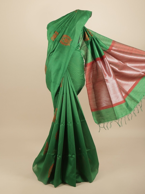 Pothys Green & Rust Woven Design Jute Silk Saree