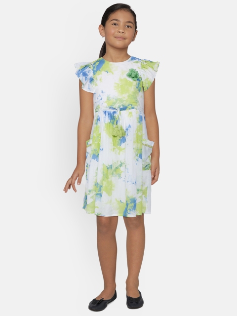 Bella Moda White & Green Fit & Flair Dress