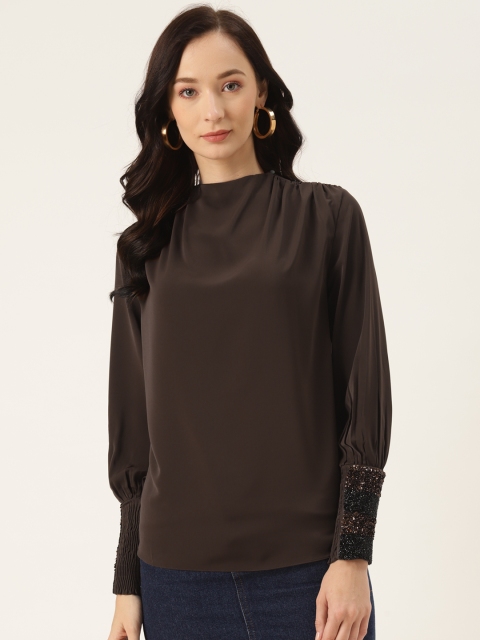 Madame Women Brown Smocked Regular Sequined Top