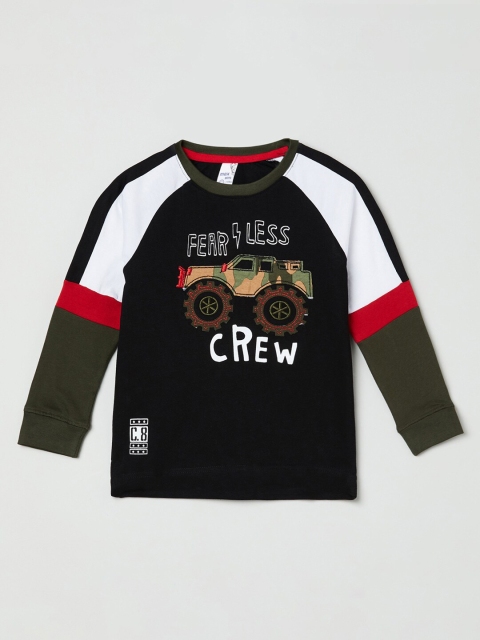 max Boys Black Typography Printed Applique Pure Cotton T-shirt