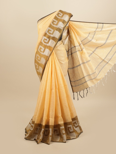 Pothys Peach-Coloured & Brown Linen Blend Saree