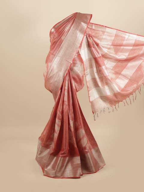 Pothys Pink & Silver-Toned Tie and Dye Linen Blend Saree