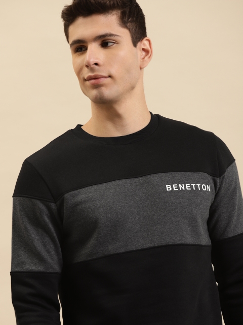 United Colors of Benetton Men Black & Grey Colourblocked Sweatshirt