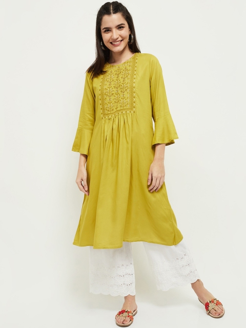 max Women Lime Green Embroidered Thread Work Kurta