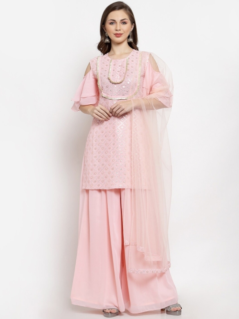 KHALOM Women Pink Floral Embroidered Regular Sequinned Kurti with Sharara & With Dupatta
KHALOM Women Pink Floral Embroidered Regular Sequinned Kurti with Sharara & With Dupatta