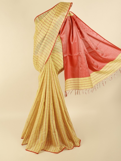 Pothys Yellow & Red Checked Linen Blend Saree