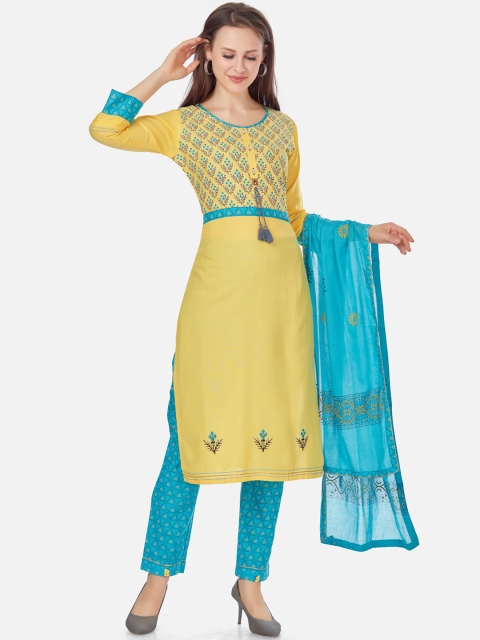 Kiana Women Yellow & Turquoise Blue Pure Cotton Yoke Design Empire Kurta Set & Dupatta
Kiana Women Yellow & Turquoise Blue Pure Cotton Yoke Design Empire Kurta Set & Dupatta