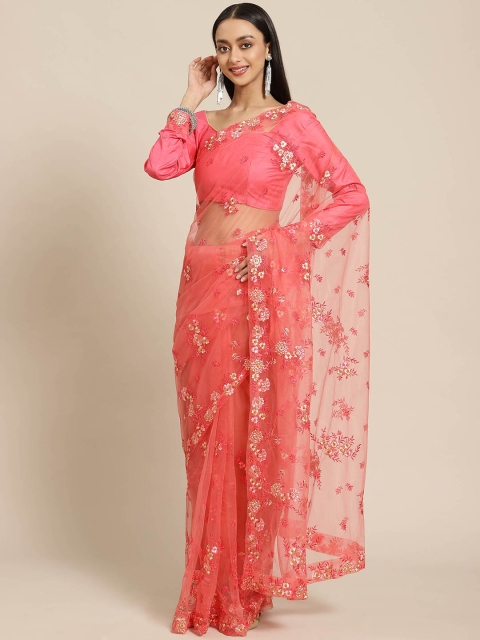 SARIYA Pink Floral Net Heavy Work Saree