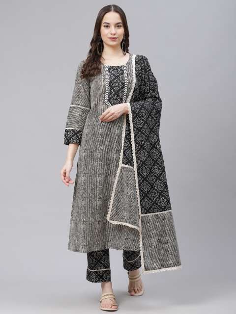 AHIKA Women Grey & Black Striped Cotton Kurta with Trousers & Dupatta