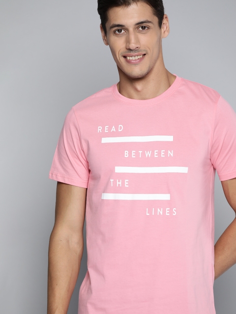 Mast & Harbour Men Pink & White Typography Print Cotton T-shirt