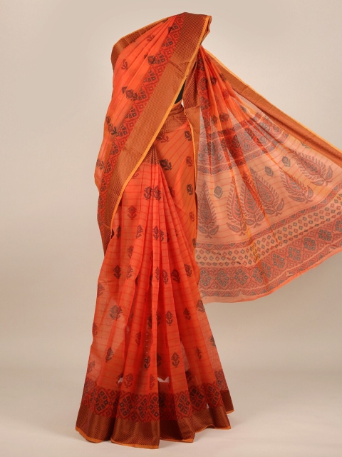 Pothys Rust & Black Ethnic Motifs Cotton Blend Saree