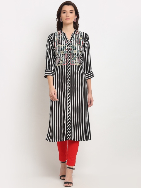 Lovely Lady Women Black & White Embroidered Flared Sleeves Kurta