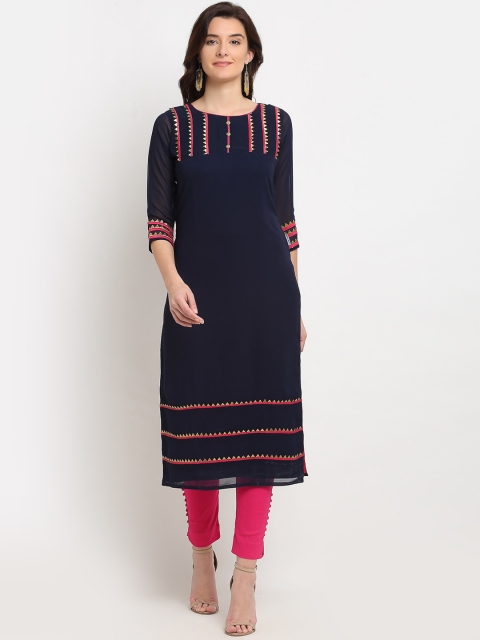 Lovely Lady Women Navy Blue Geometric Yoke Design Georgette Kurta
