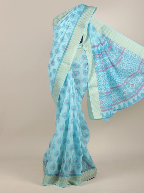 Pothys Blue & Pink Ethnic Motifs Zari Chanderi Saree