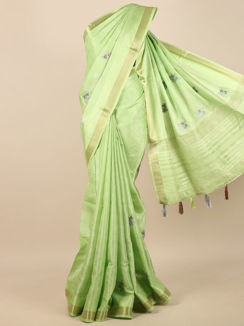 Pothys Green & Gold-Toned Floral Embroidered Zari Saree