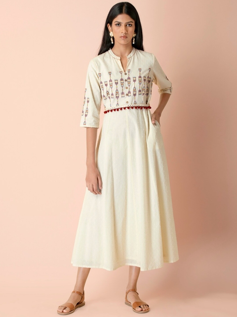 INDYA White Embroidered Belted Maxi Dress