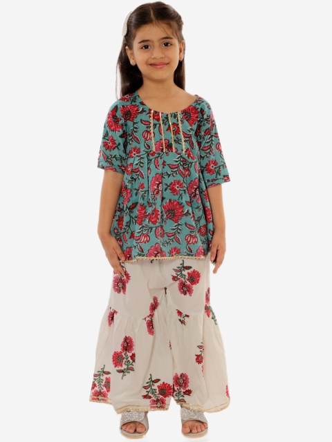 YK Girls Teal Green & Cream-Coloured Floral Printed Regular Pure Cotton Kurti with Sharara
YK Girls Teal Green & Cream-Coloured Floral Printed Regular Pure Cotton Kurti with Sharara