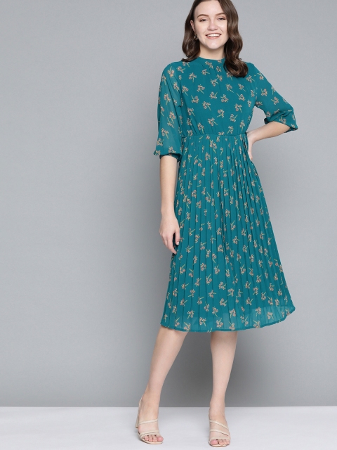 Mast & Harbour Teal Blue & Orange Floral Printed Accordion Pleated Midi Fit & Flare Dress