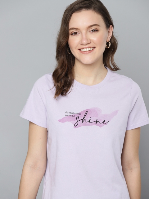 Mast & Harbour Women Lavender & Black Typography Print Pure Cotton T-shirt