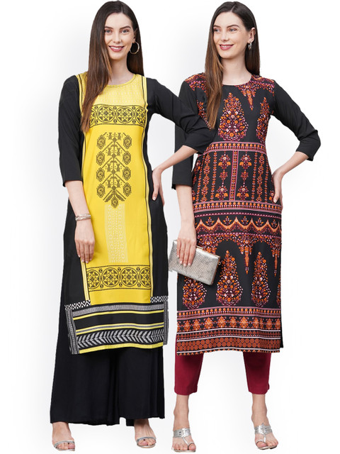 KALINI Women Pack Of 2 Yellow & Black Floral Printed Crepe Kurtas 
KALINI Women Pack Of 2 Yellow & Black Floral Printed Crepe Kurtas