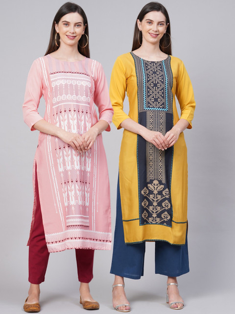 KALINI Women Pack Of 2 Pink & Yellow Ethnic Motifs Printed Crepe Kurtas 
KALINI Women Pack Of 2 Pink & Yellow Ethnic Motifs Printed Crepe Kurtas
