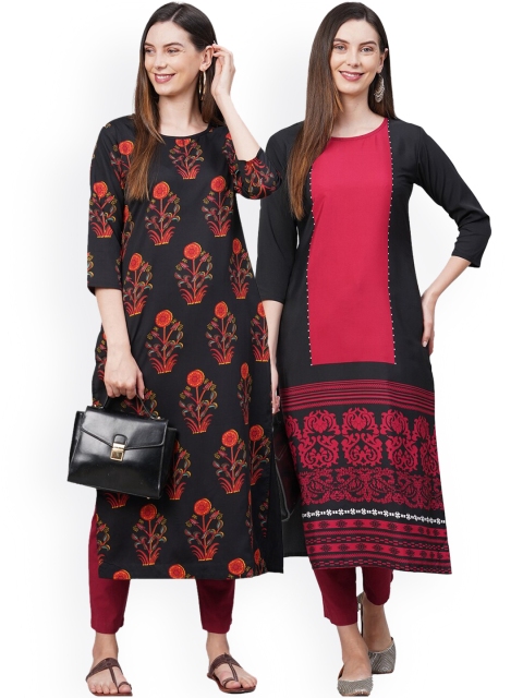 KALINI Women Pack Of 2 Black & Red Floral Printed Crepe Kurtas