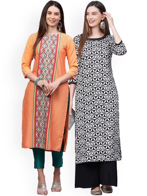 KALINI Women Pack Of 2 Orange & Black Floral Printed Crepe Kurtas
