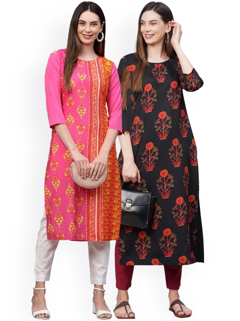 KALINI Women Pack Of 2 Floral Printed Thread Work Crepe Kurta, Pink