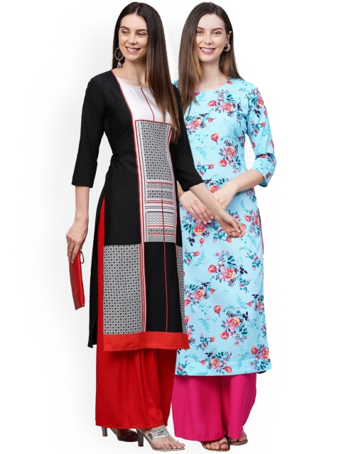 KALINI Women Pack of 2 Black & Blue Floral Printed Crepe Kurta