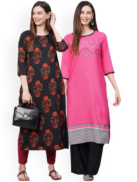 KALINI Women Pack of 2 Pink & Black Floral Printed Crepe Kurta