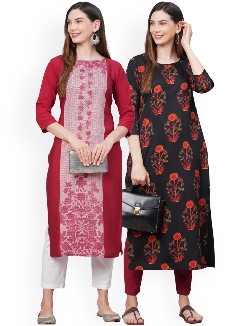 KALINI Women Pack of 2 Red & Black Printed Crepe Kurta